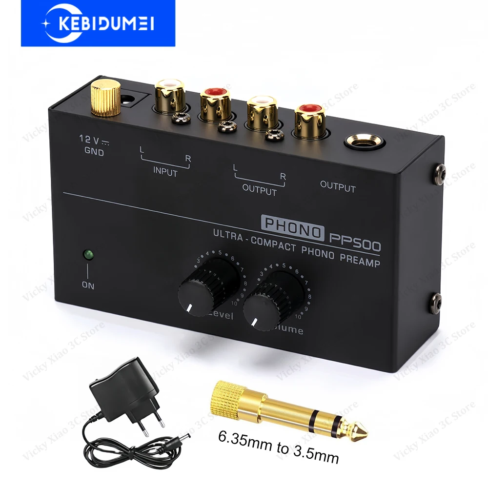 Phono Preamp Pre Amp Preamplifier Audio Amplifier with Level Volume Control RCA Input Output 1/4" TRS Output for Turntable